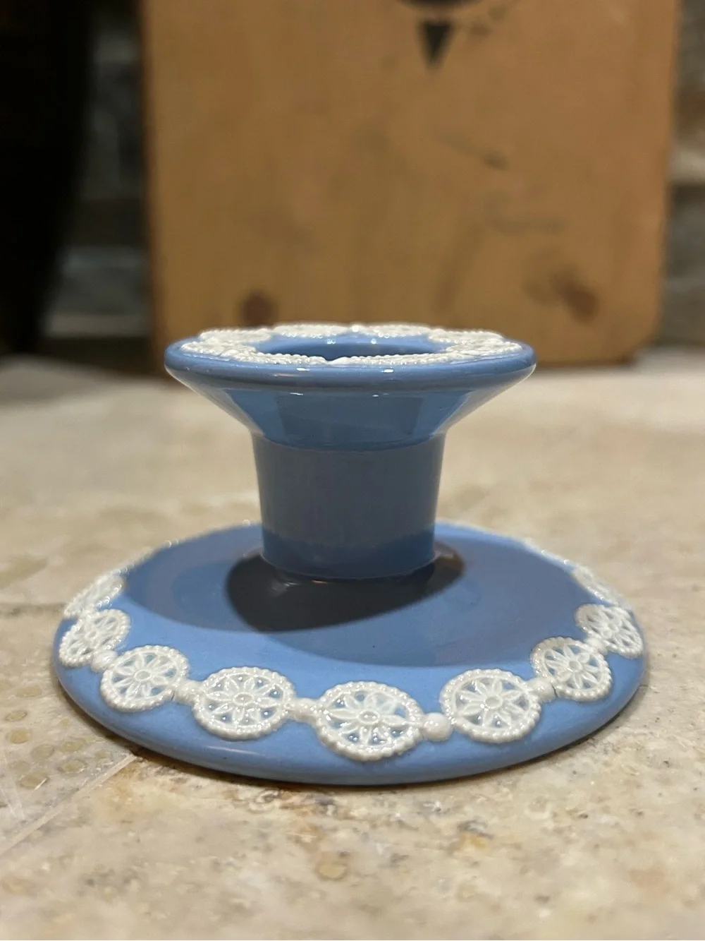 vintage Wedgwood Jasperware blue and white small candlestick holder w/ Lace